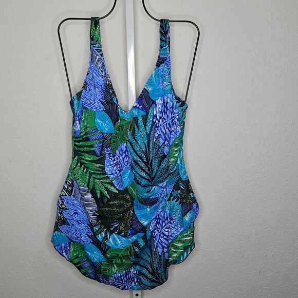 Maxine Of Hollywood One Piece‎ Swimsuit Blue Green Tropical Leaf Print Size 18 - Picture 1 of 5